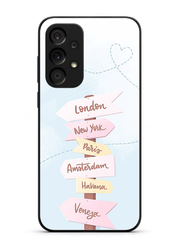 Pink Destination Labels pastel travel artwork Samsung A33 5G glass back cover