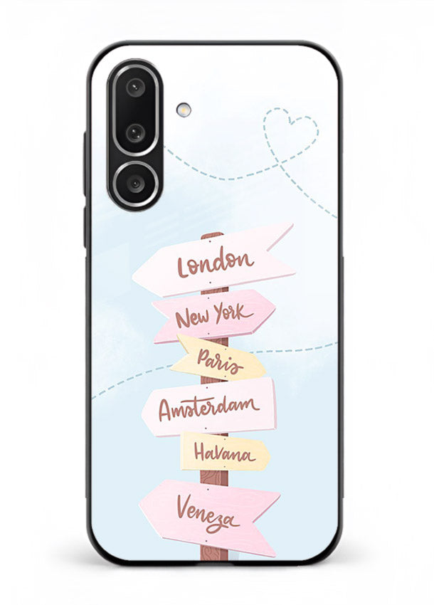 Pink Destination Labels pastel travel artwork Samsung F56 5G glass back cover