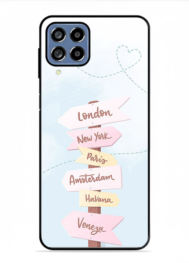Pink Destination Labels pastel travel artwork Samsung M33 5G glass back cover