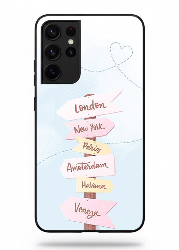 Pink Destination Labels pastel travel artwork Samsung S21 Ultra glass back cover