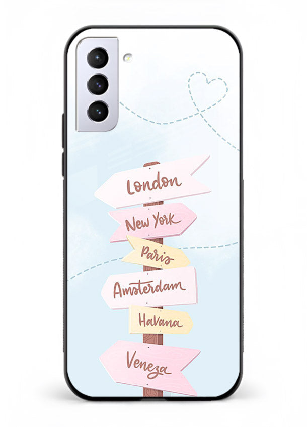 Pink Destination Labels pastel travel artwork Samsung S21 Plus glass back cover