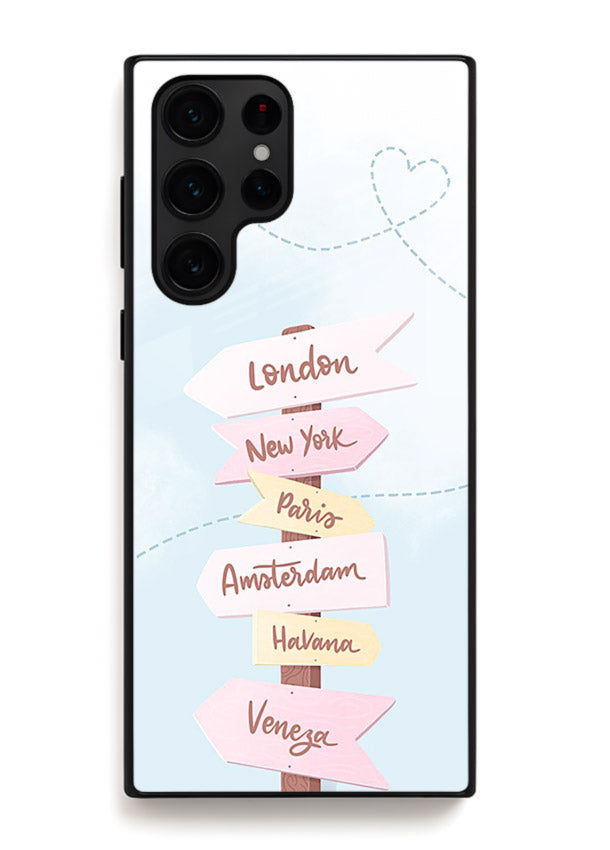 Pink Destination Labels pastel travel artwork Samsung S23 Ultra glass back cover