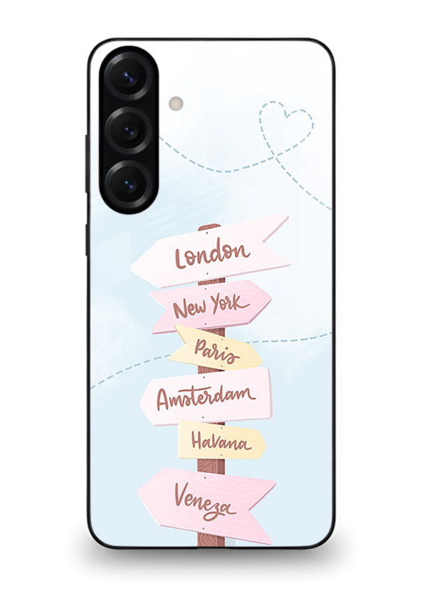 Pink Destination Labels pastel travel artwork Samsung A35 5G glass back cover