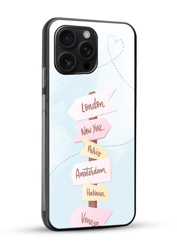 Pink Destination Labels pastel travel artwork glossy vibrant premium glass back cover - Angle Side