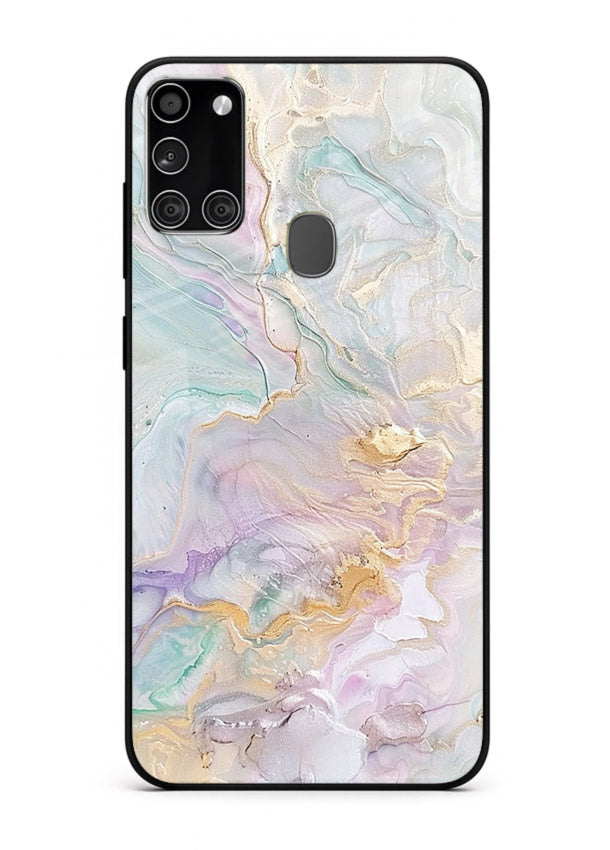 Pink Droplet Marble Samsung A21s glass back cover with soft pink marble and droplet texture