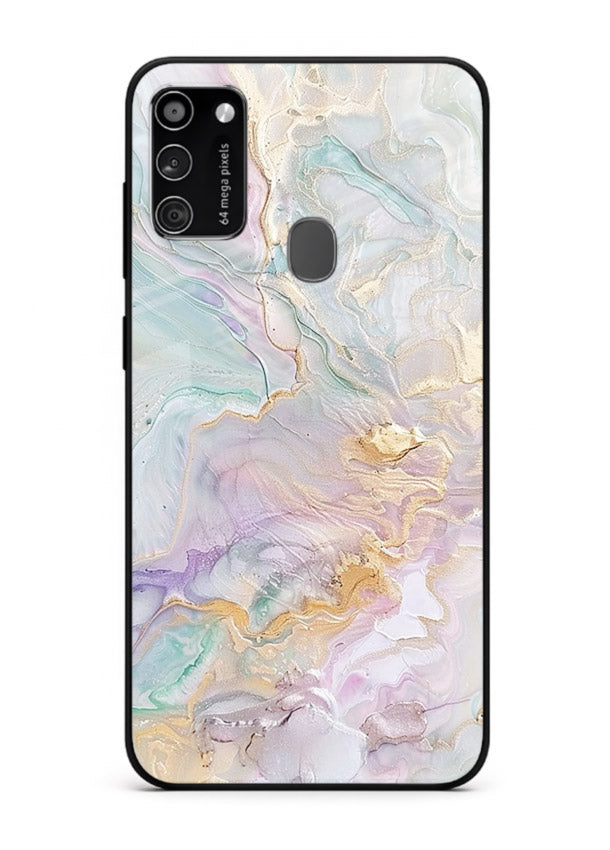 Pink Droplet Marble Samsung M21 glass back cover with soft pink marble and droplet texture