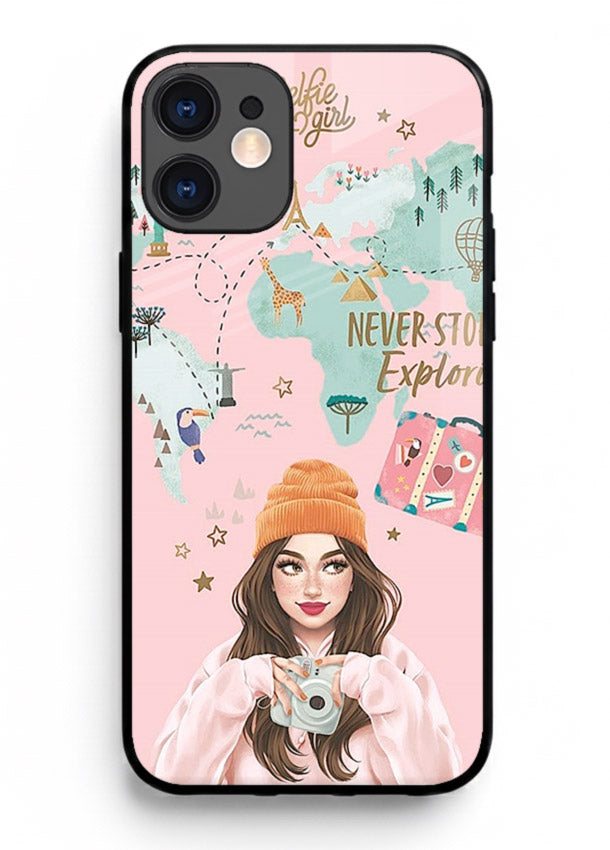 Pink Explorer Girl pastel traveler artwork iphone 12 mini glass back cover
