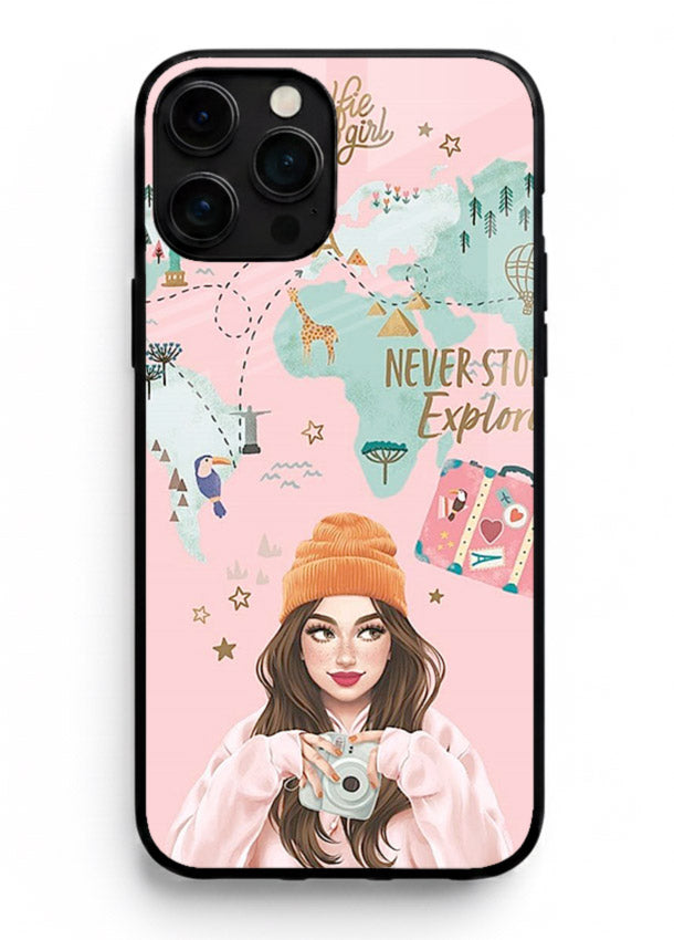 Pink Explorer Girl pastel traveler artwork iphone 14 pro max glass back cover
