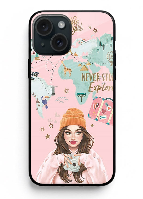 Pink Explorer Girl pastel traveler artwork iphone 13 mini glass back cover
