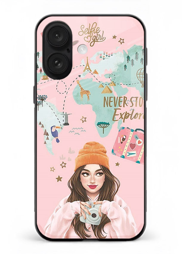 Pink Explorer Girl pastel traveler artwork iphone 17 glass back cover