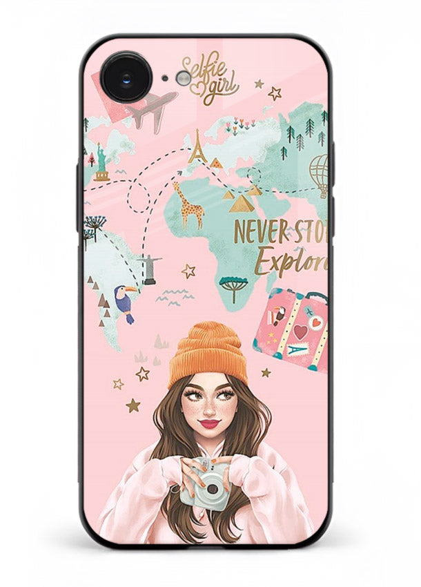 Pink Explorer Girl pastel traveler artwork iphone 16e glass back cover