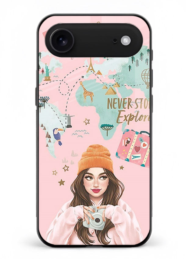 Pink Explorer Girl pastel traveler artwork iphone 18 air glass back cover