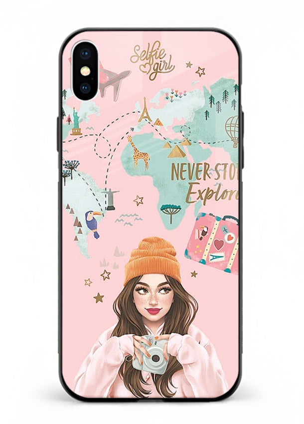Pink Explorer Girl pastel traveler artwork iphone xs max glass back cover