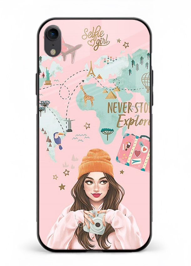 Pink Explorer Girl pastel traveler artwork iphone xr glass back cover