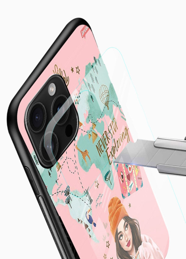Pink Explorer Girl pastel traveler artwork glossy vibrant premium glass back cover - Angle Blade
