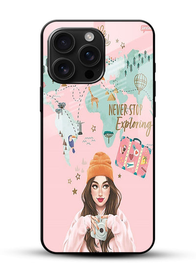 Pink Explorer Girl pastel traveler artwork glossy vibrant premium glass back cover - Angle Front