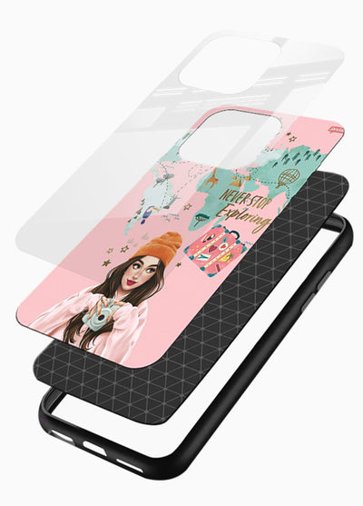 Pink Explorer Girl pastel traveler artwork glossy vibrant premium glass back cover - Angle Layers