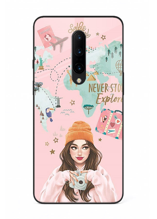 Pink Explorer Girl pastel traveler artwork OnePlus 7 Pro glass back cover