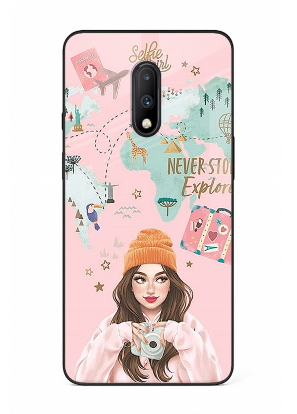 Pink Explorer Girl pastel traveler artwork OnePlus 7 glass back cover