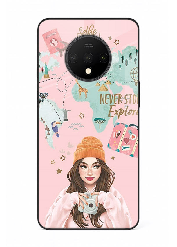 Pink Explorer Girl pastel traveler artwork OnePlus 7T glass back cover