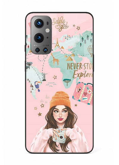 Pink Explorer Girl pastel traveler artwork OnePlus 9 glass back cover