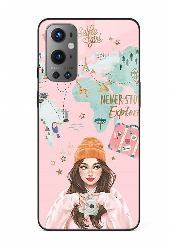 Pink Explorer Girl pastel traveler artwork OnePlus 9 glass back cover