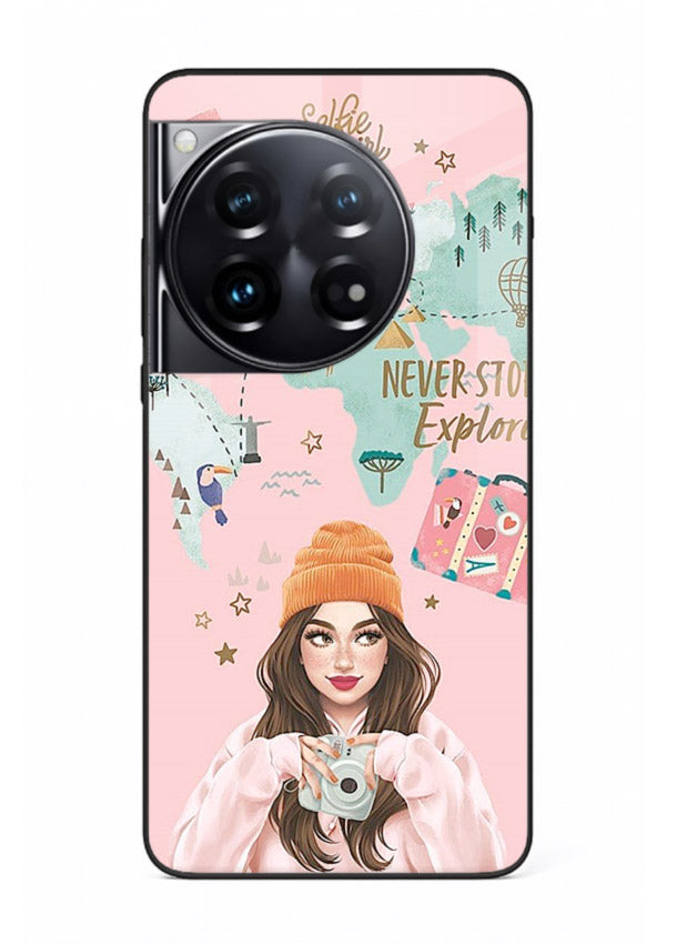 Pink Explorer Girl pastel traveler artwork OnePlus 12 glass back cover