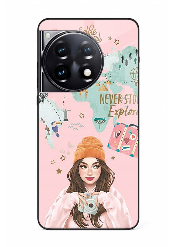Pink Explorer Girl pastel traveler artwork OnePlus 12R glass back cover