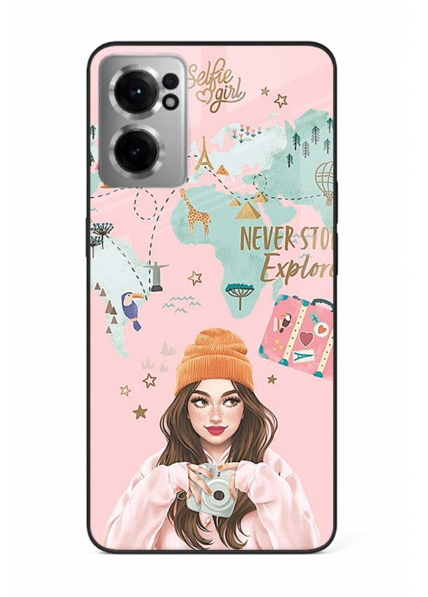 Pink Explorer Girl pastel traveler artwork OnePlus Nord CE2 5G glass back cover