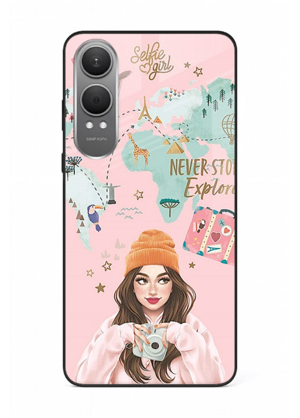 Pink Explorer Girl pastel traveler artwork OnePlus Nord CE4 Lite glass back cover