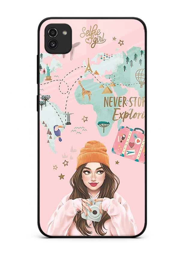 Pink Explorer Girl pastel traveler artwork Samsung A03 glass back cover