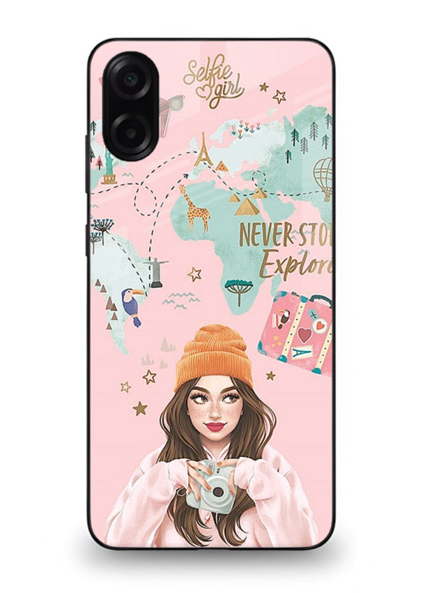 Pink Explorer Girl pastel traveler artwork Samsung A06 5G glass back cover
