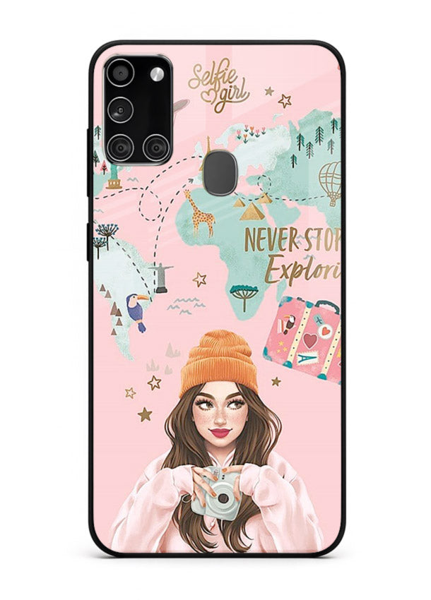 Pink Explorer Girl pastel traveler artwork Samsung A21s glass back cover