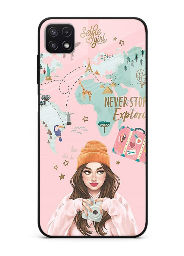 Pink Explorer Girl pastel traveler artwork Samsung A22 5G glass back cover
