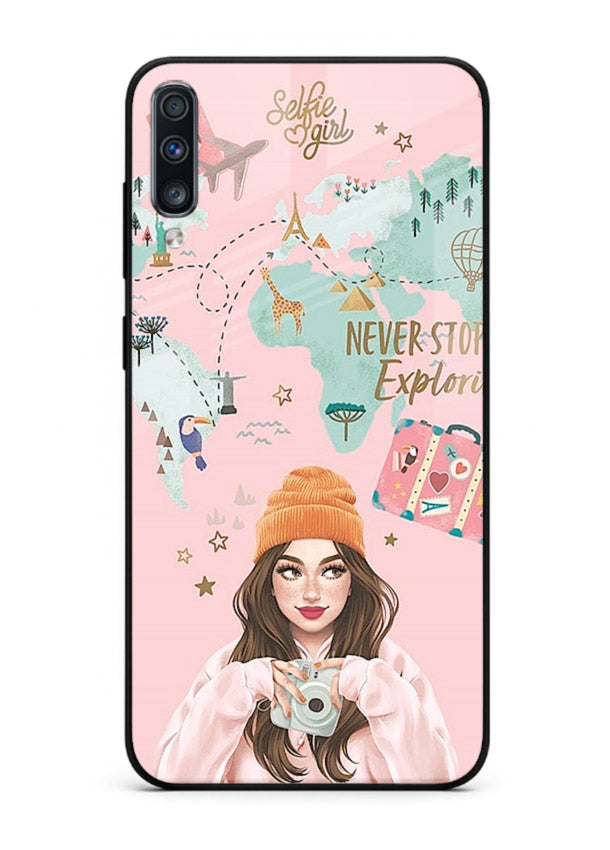 Pink Explorer Girl pastel traveler artwork Samsung A70 glass back cover