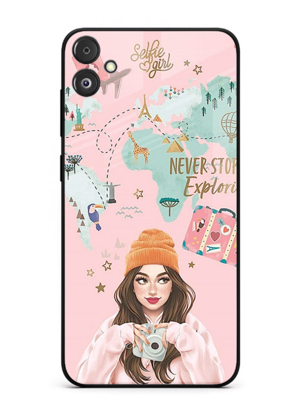 Pink Explorer Girl pastel traveler artwork Samsung F14 5G glass back cover