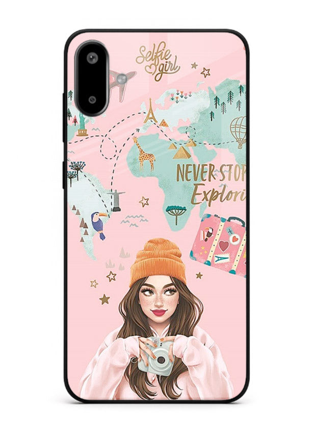 Pink Explorer Girl pastel traveler artwork Samsung F06 5G glass back cover
