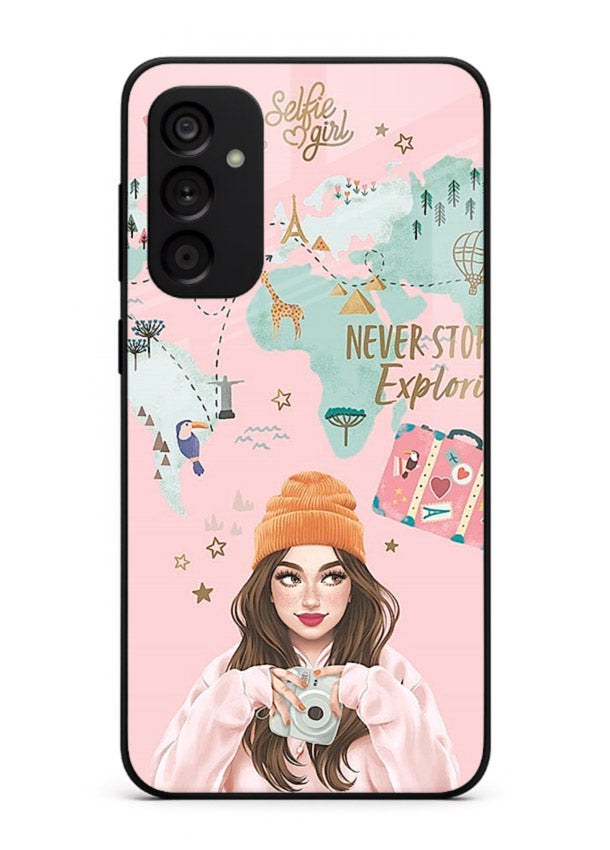 Pink Explorer Girl pastel traveler artwork Samsung M13 4G glass back cover