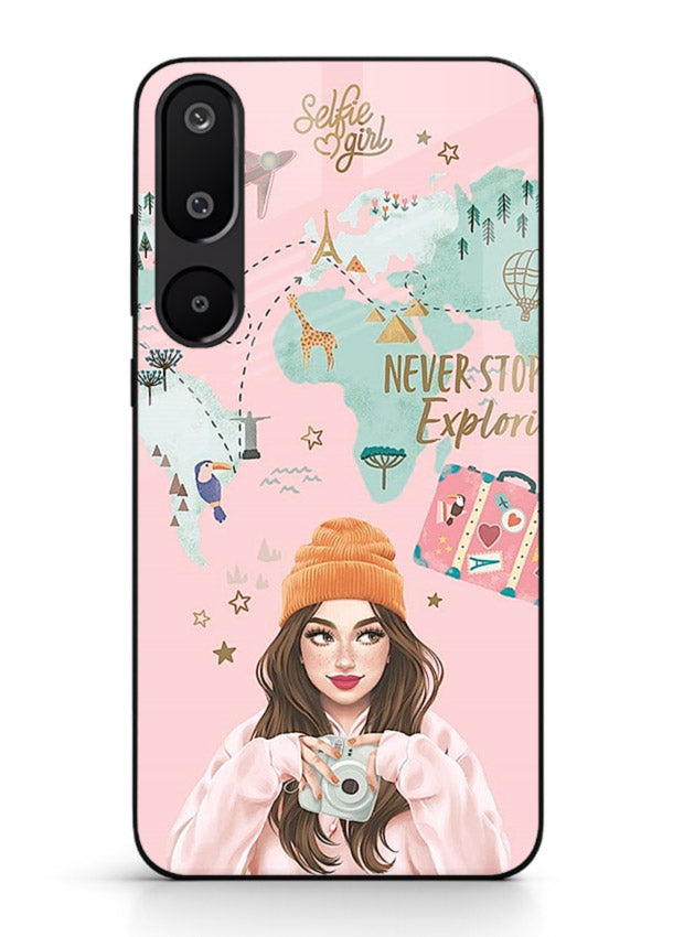 Pink Explorer Girl pastel traveler artwork Samsung M16 5G glass back cover