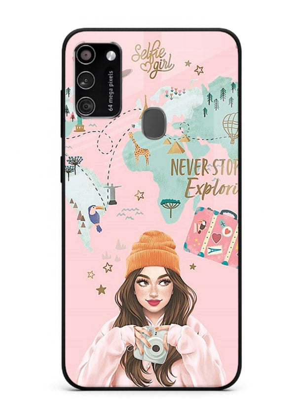 Pink Explorer Girl pastel traveler artwork Samsung M21 glass back cover