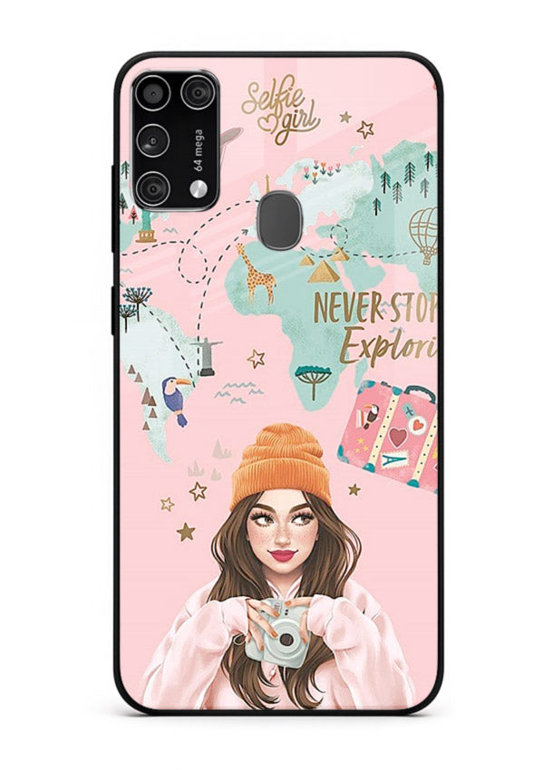 Pink Explorer Girl pastel traveler artwork Samsung M31 Prime glass back cover