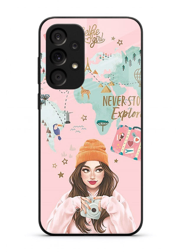 Pink Explorer Girl pastel traveler artwork Samsung A23 5G glass back cover