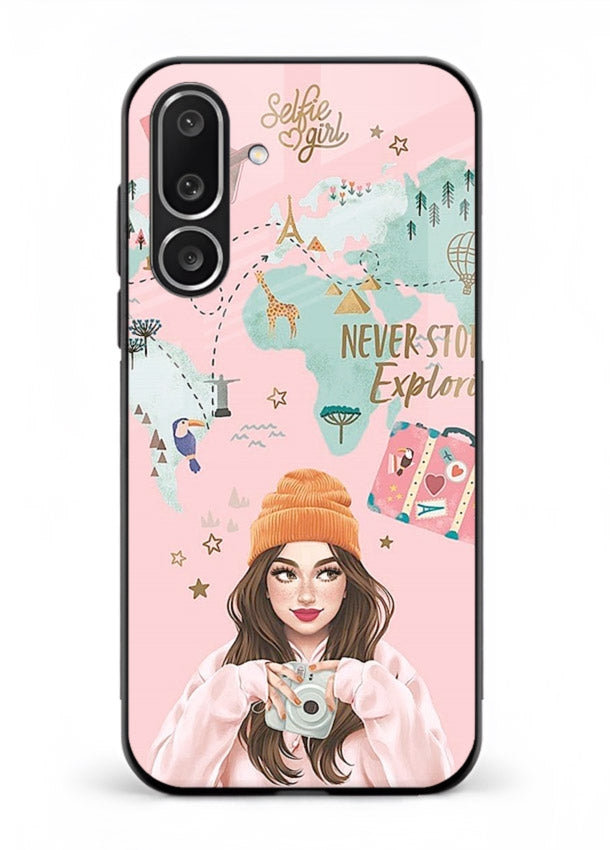 Pink Explorer Girl pastel traveler artwork Samsung M56 5G glass back cover