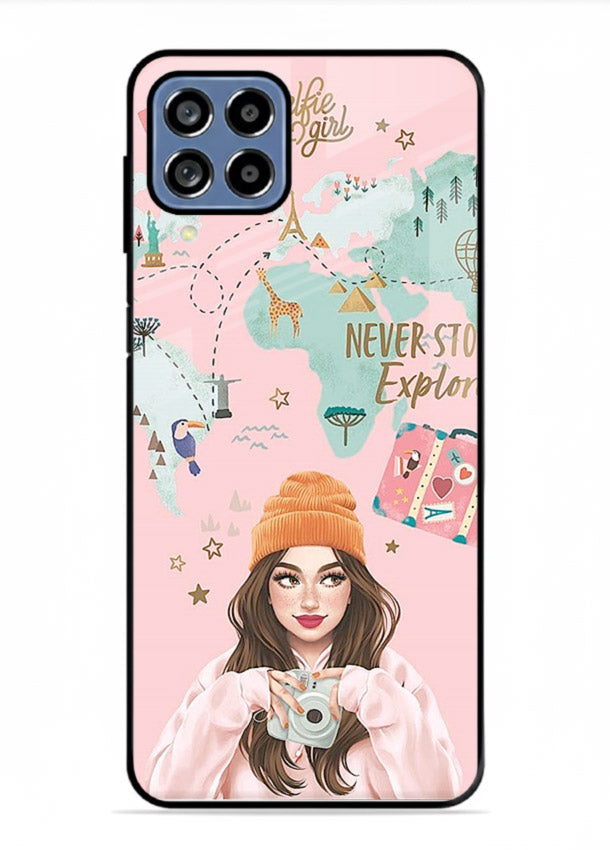 Pink Explorer Girl pastel traveler artwork Samsung M53 5G glass back cover