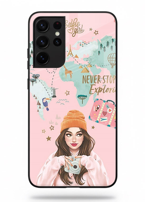 Pink Explorer Girl pastel traveler artwork Samsung S21 Ultra glass back cover