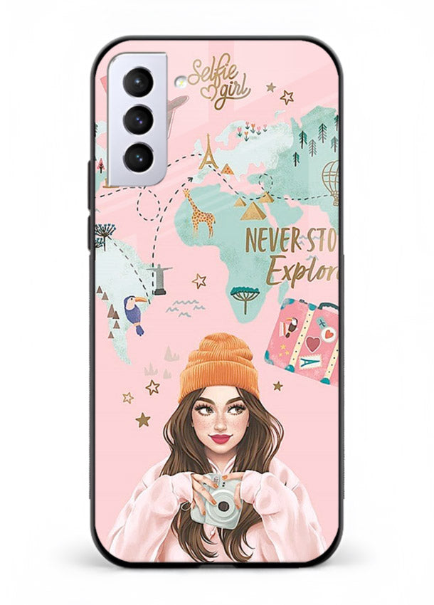 Pink Explorer Girl pastel traveler artwork Samsung S21 FE glass back cover