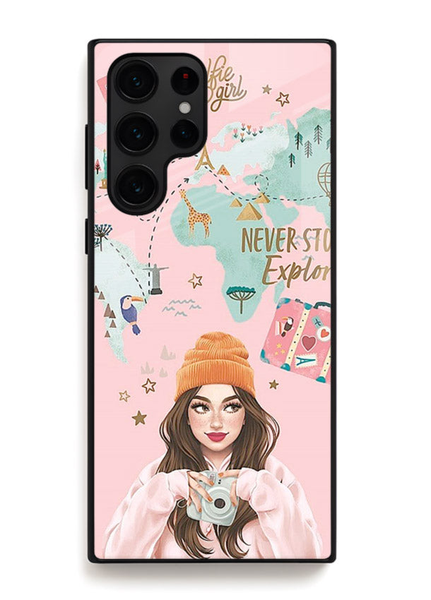 Pink Explorer Girl pastel traveler artwork Samsung S22 Ultra glass back cover