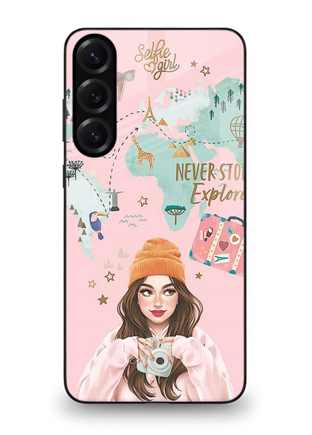 Pink Explorer Girl pastel traveler artwork Samsung A56 5G glass back cover
