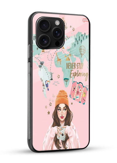 Pink Explorer Girl pastel traveler artwork glossy vibrant premium glass back cover - Angle Side