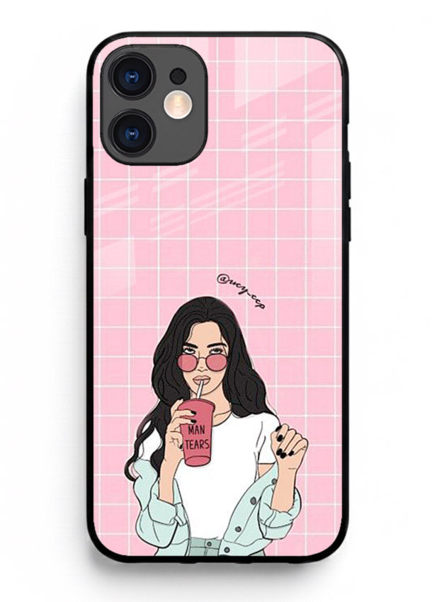 Pink Grid Girl soft aesthetic portrait iphone 12 glass back cover